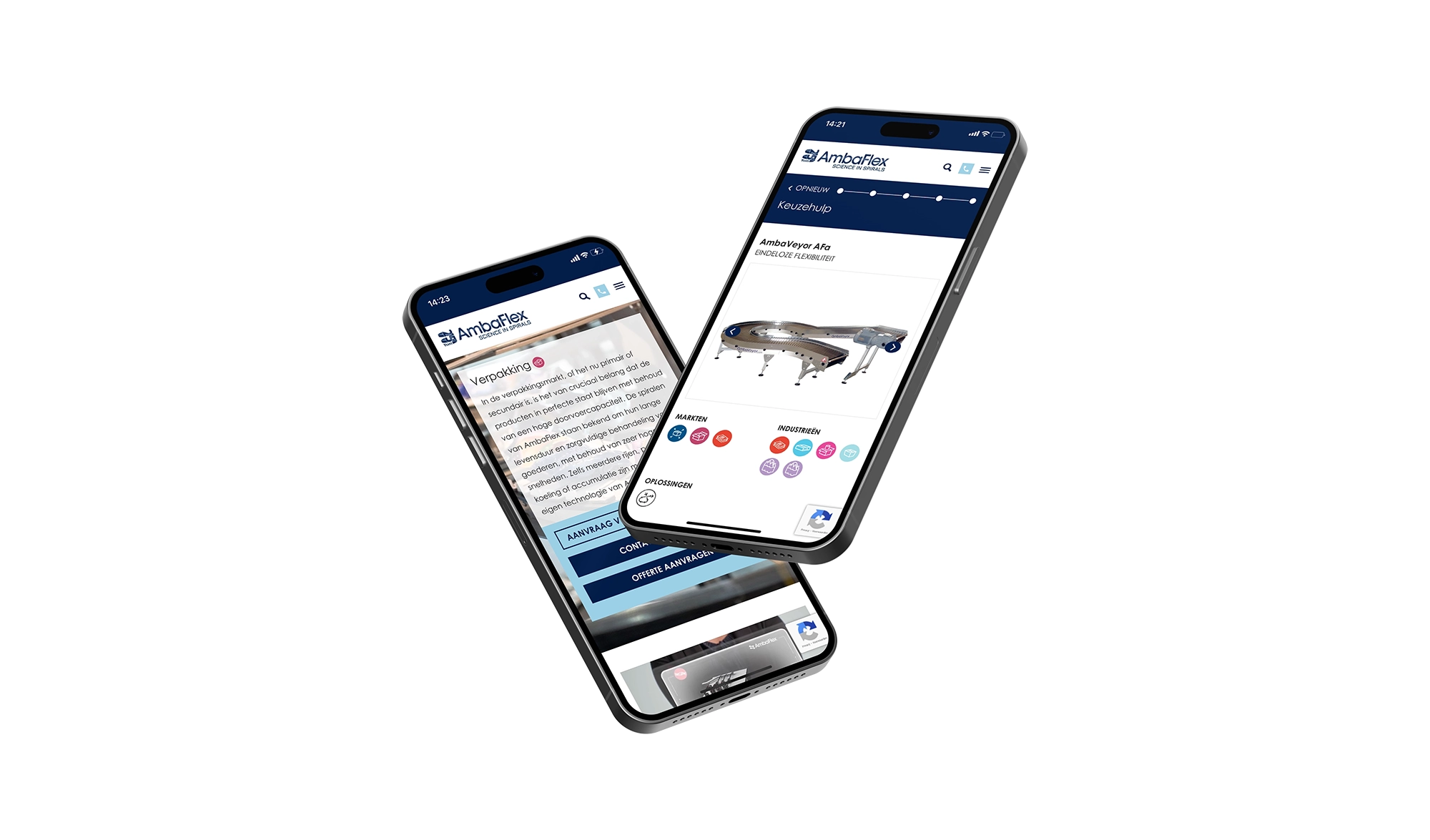 Mockup van twee mobieltjes met schermen van ambaflex.nl