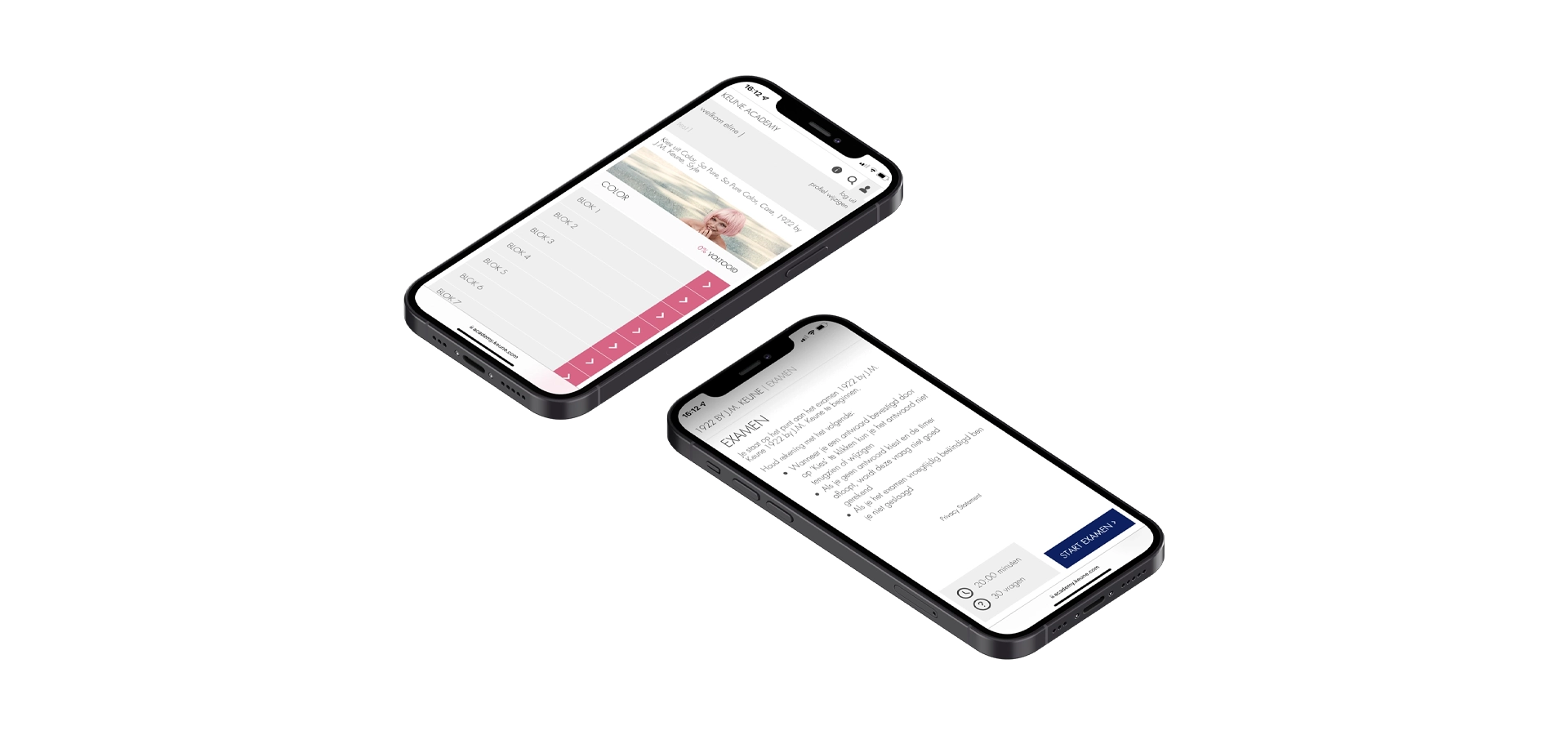 Mockup van twee mobieltjes met de schermen van Keune Academy