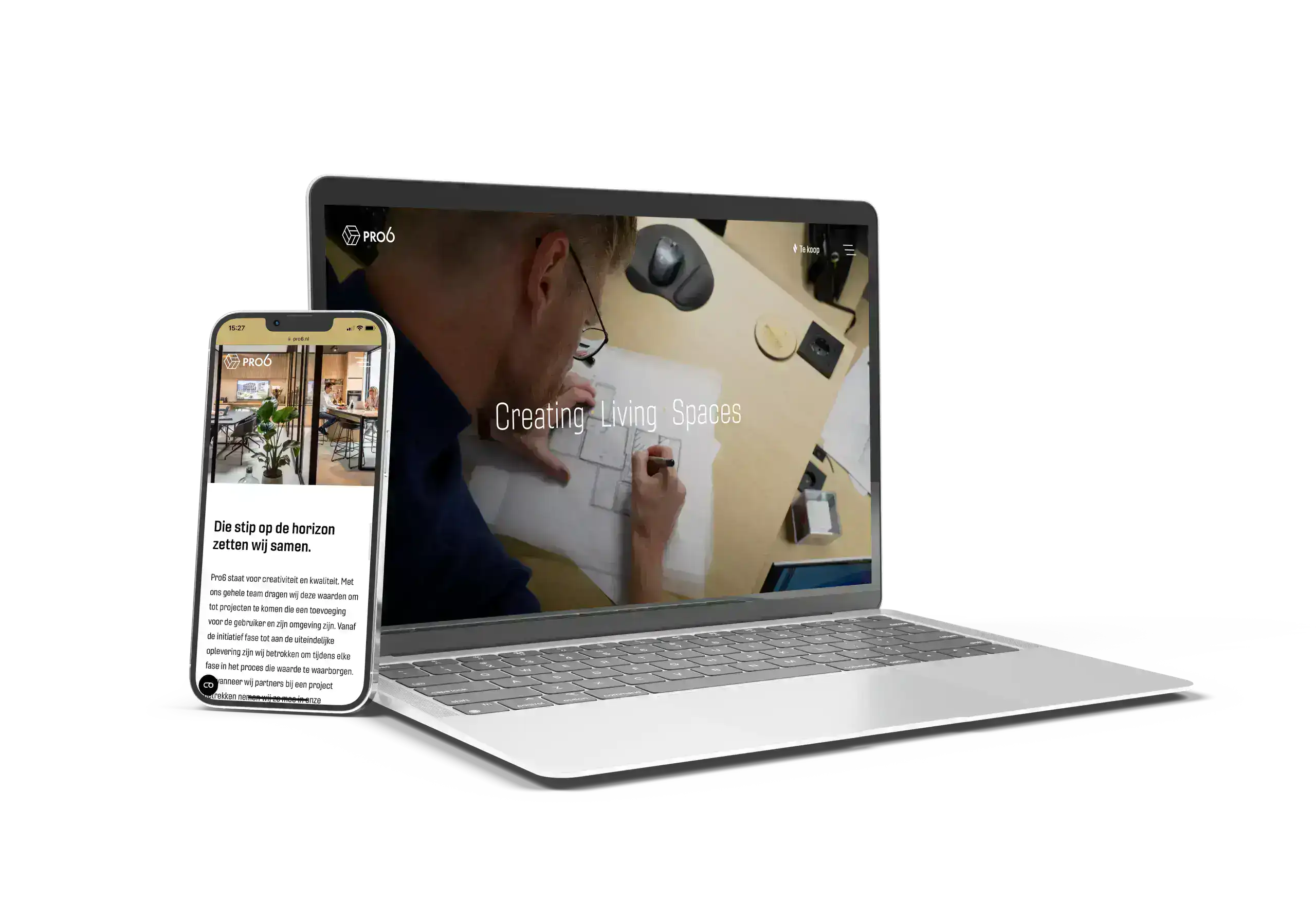 Mockup van een laptop en mobiel waar de pro6 website getoond wordt.