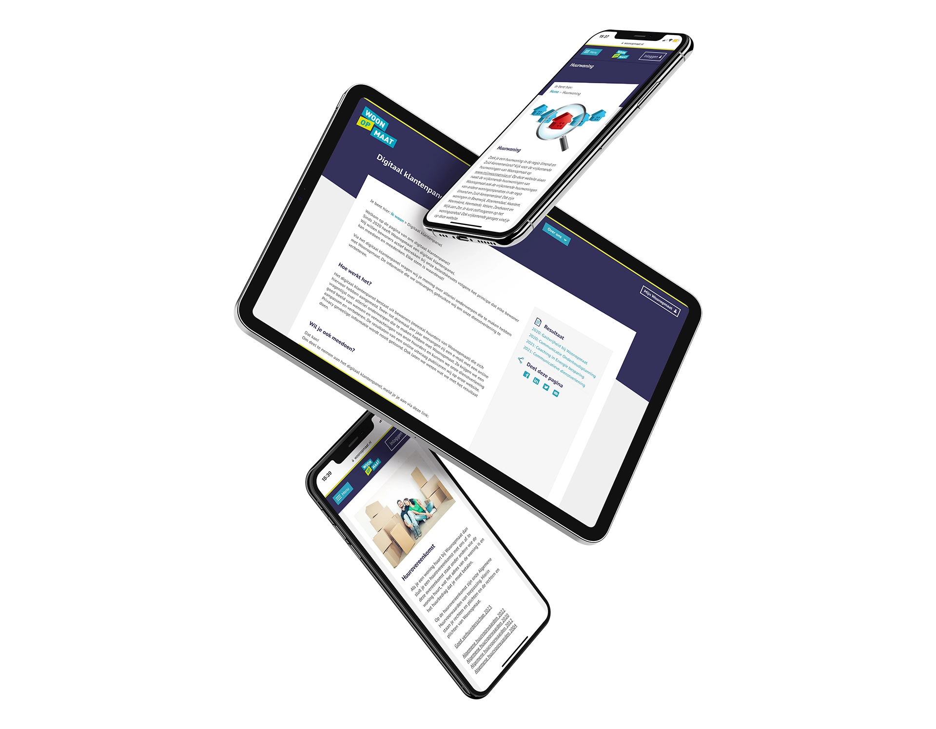 Mockup op verschillende devices van Woonopmaat zijn website